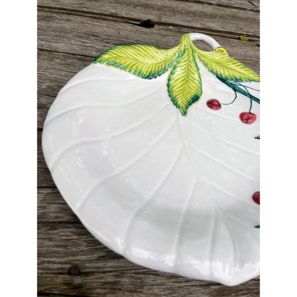 Vintage Italy Ceramic Serving Plate Leaf Shape & Cherries - Picture 3 of 12